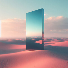 Sunrise and sunset, moon and a frame, a surreal sphere displays desert and ocean views reflecting from the mirror framed in sculpture generated ai