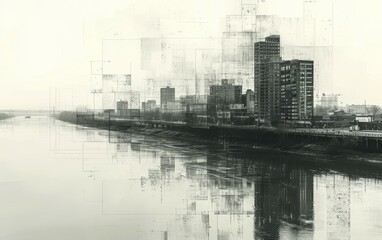 The riverfront in grayscale art.