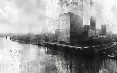 The riverfront in grayscale art. - obrazy, fototapety, plakaty