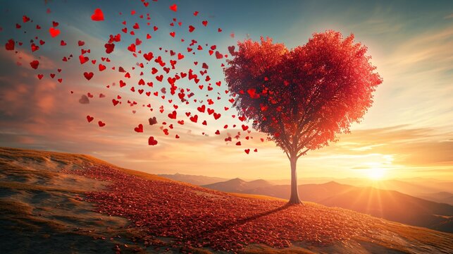 Romantic sunset scene with a crimson heart tree and falling foliage, symbolizing love.