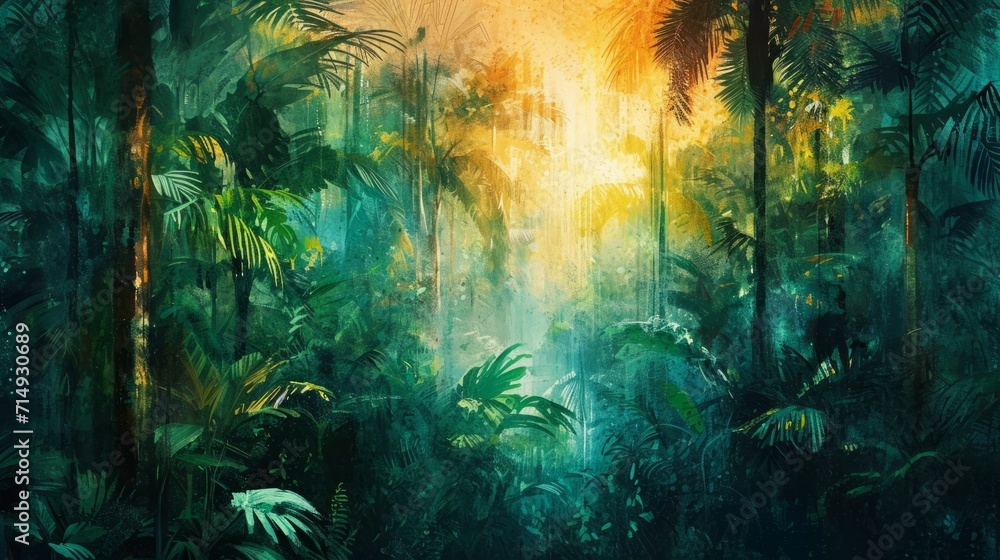 Poster lush rainforest canopy, vibrant ecosystem for wildlife conservation groups, environmental ngos, and 