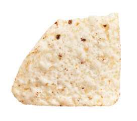 Close-up of a single tortilla chip isolated on a white background, ideal for snack or mexican cuisine concepts.