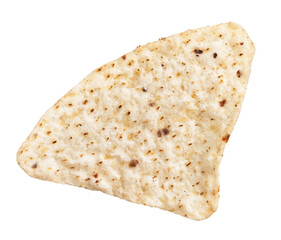 Isolated triangle tortilla chip with speckles on a white background, perfect for food themes.