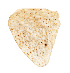 Single triangular tortilla chip isolated on a white background, representing mexican cuisine.
