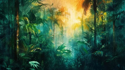 Lush Rainforest Canopy, Vibrant Ecosystem for Wildlife Conservation Groups, Environmental NGOs, and Educational Content Creators, Varied Brushes - obrazy, fototapety, plakaty