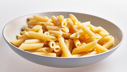 A bowl of cooked penne pasta on a white background, capturing the simplicity of italian cuisine.