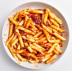 A plate of italian penne pasta covered in red tomato sauce, viewed from above on a white background.