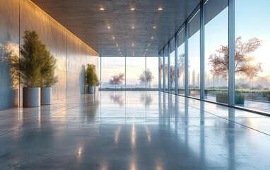 Horizontal view of empty cement floor with steel and glass modern building exterior. Early morning scene. Photorealistic 3D rendering. 