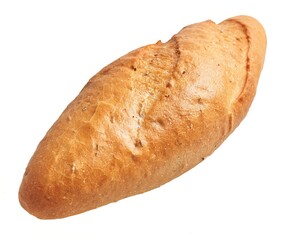 A freshly-baked, golden-brown loaf of bread isolated on a white background.
