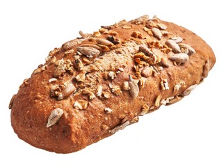 Whole-grain bread with sunflower seeds isolated on white background, showing healthy food.