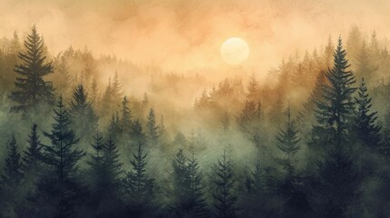 Misty Forest at Dawn, Capturing the Serene Beauty of Nature - Ideal for Nature Enthusiasts, Eco-friendly Brands, and Landscape Photographers - Watercolor, Brushes and Sponges, Cool and Earthy Tones