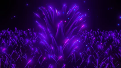 Gordijnen Mystic night forest tree with glowing leaves 3d render illustration seamless loop background © Lenur