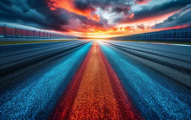 Foto op Canvas The cold mood of motion blurred the racetrack with the sunset sky. © hugo