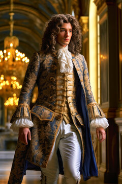 Louis XIV sitting inside a golden throne room in palace Versailles (generative AI)