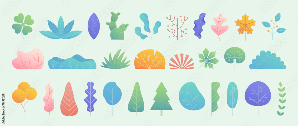 Wall mural tree gradation. leaf nature, different leaves simple minimal set for decor with fantasy drawing elem