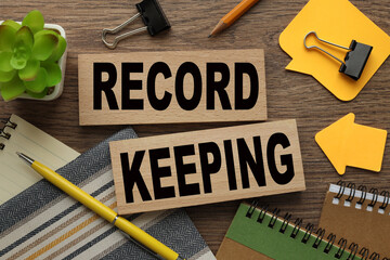 text record keeping text on wooden blocks. work desk. business concept. education concept. - obrazy, fototapety, plakaty