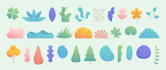 Fototapeta na wymiar Tree gradation. Leaf nature, different leaves simple minimal set for decor with fantasy drawing elements, cartoon gradient isolated group. Summer and spring jungle. Vector flat design collection
