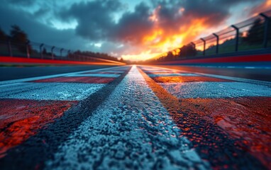 The cold mood of motion blurred the racetrack with the sunset sky.