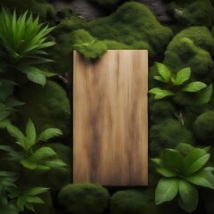 wooden board with leaves and moss