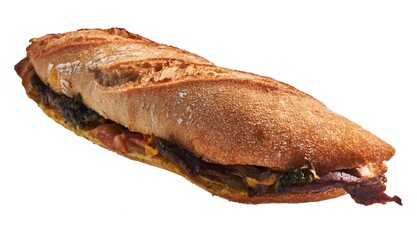 Close-up of a hearty sandwich with spinach, prosciutto, cheese, and crusty bread, isolated on a white background.