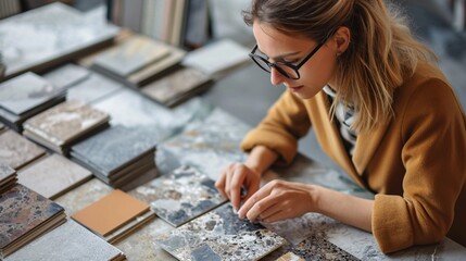 Female architect utilizes epoxy grout for ceramic tiles by examining finishing samples, with a top-down view, in the process of selecting renovation materials. - obrazy, fototapety, plakaty