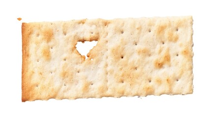 A single, high-resolution image of a crispy matzo cracker with a heart-shaped hole isolated on a white background, symbolizing passover celebration.