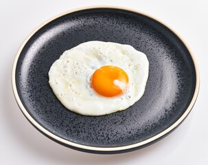 A perfectly fried egg centered in a modern black ceramic plate against a white background.