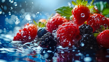 Fresh Berries Immersed in Water with Splashes and Bubbles, Highlighting the Freshness and Natural...
