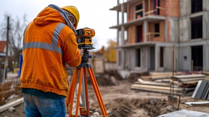 Construction site worker using theodolite to survey distances, elevations, and directions. - obrazy, fototapety, plakaty