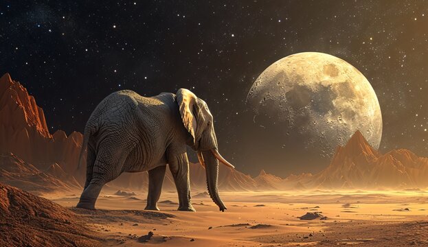 A majestic elephant standing in a barren landscape with a moon in the background Generative AI