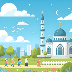 Children Going To Islamic Mosque Flat Design Illustration