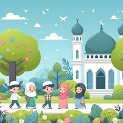 Obraz na płótnie Canvas Children Going To Islamic Mosque Flat Design Illustration