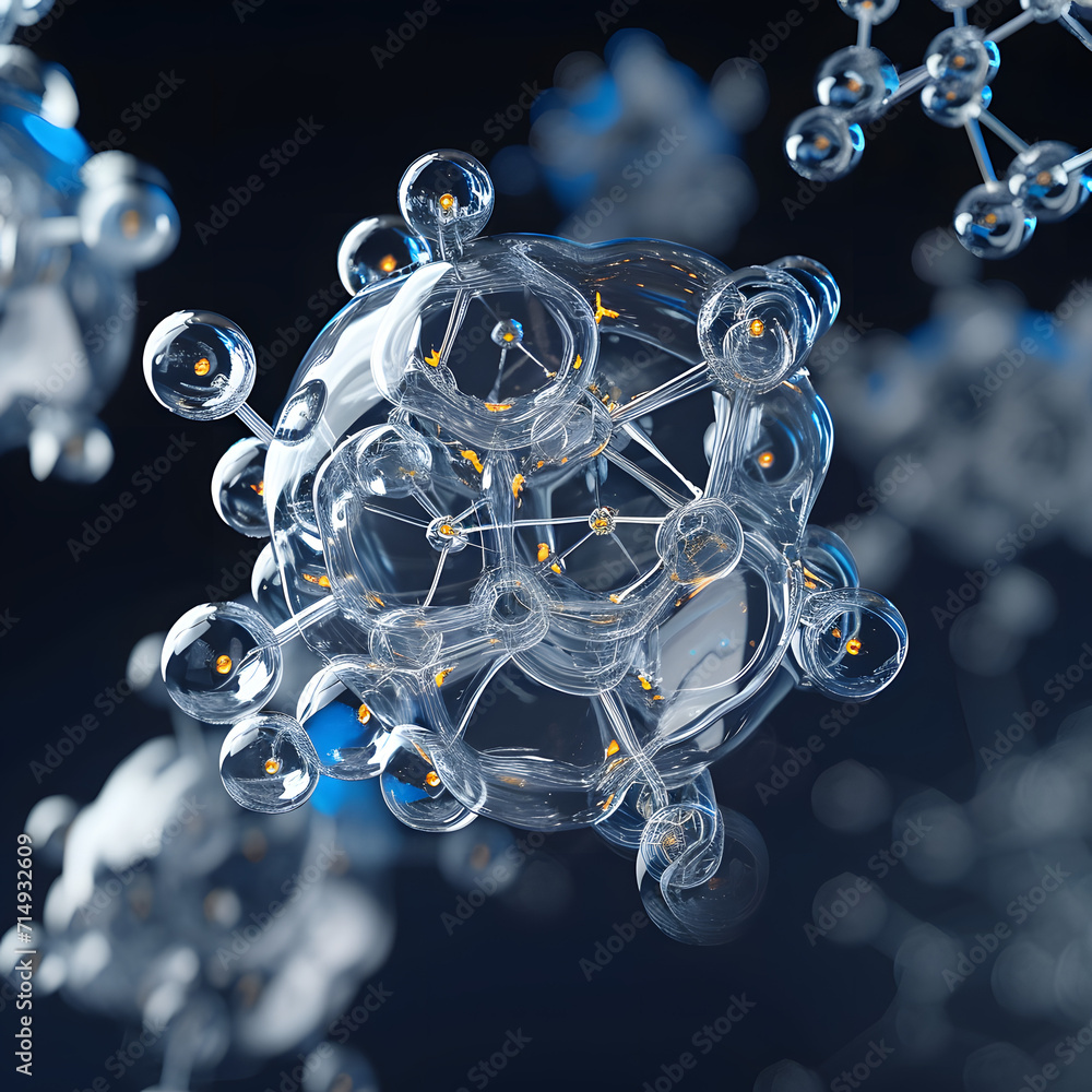 Poster abstract atom or molecule structure design, atom or molecule made of glass material. 3d rendering.