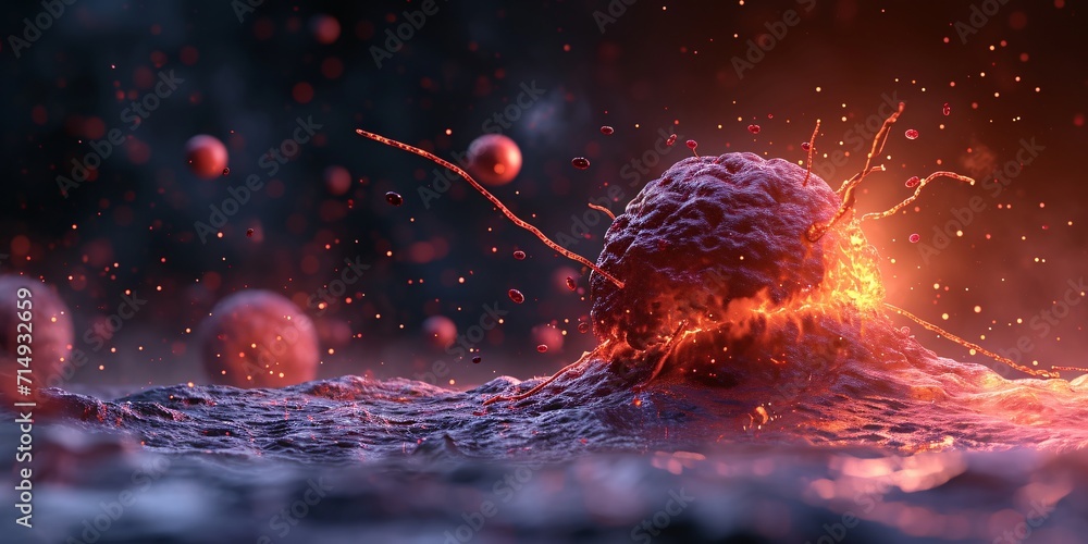 Poster a red and orange cell with a long tail and a few red bubbles in the background generative ai