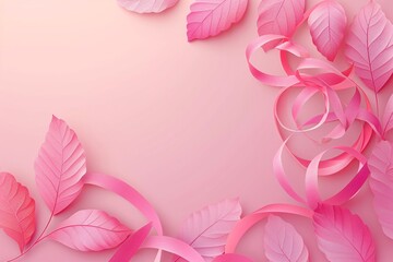 Pink Leaves and Pink Ribbon on Pink Background Generative AI