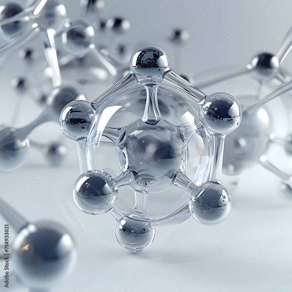 Poster abstract atom or molecule structure design, atom or molecule made of glass material. 3d rendering.