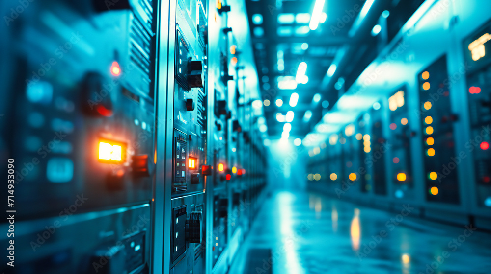 Poster server room technology: an organized data center with racks of servers, representing the backbone of