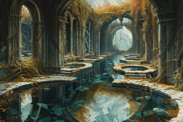 Cursed mirror labyrinths, reflecting distorted versions of reality and challenging perception - Generative AI