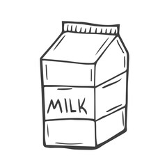 Milk carton vector hand drawn icon. Dairy product packaging on white background in doodle style. - obrazy, fototapety, plakaty