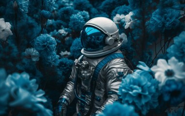 astronaut in a spacesuit in the middle of a huge number of different flowers 