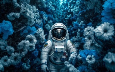 astronaut in a spacesuit in the middle of a huge number of different flowers 
