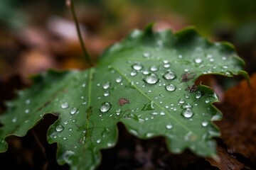 A wet leaf with droplets and a blurred leafy background in the foreground. Generative AI