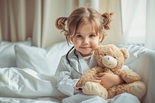 Little girl holding a teddy bear and wearing a stethoscope. Generative AI