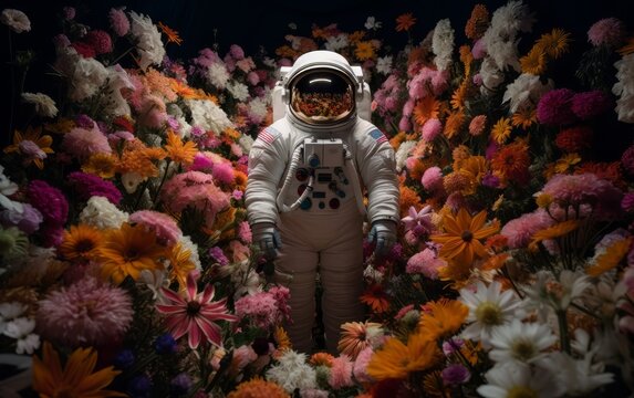 astronaut in a spacesuit in the middle of a huge number of different flowers 