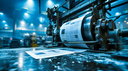 Industrial printing workshop: A motion-blurred scene of a newspaper printing machine in action, creating a dynamic composition - obrazy, fototapety, plakaty