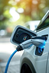 Close-up of electric car charging, ecology transportation concept