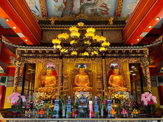 Fototapeta na wymiar Po Lin Temple Monastery, a mid century temple built at the Ngong Ping Village, Hong Kong, nearby the giant Tian Tian Buddha, comprising of many ornate and intricate details of Buddha statue 