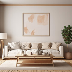 Interior of the living room. Furnished with a sofa, table, vase, and houseplants. Modern and minimalist style interior