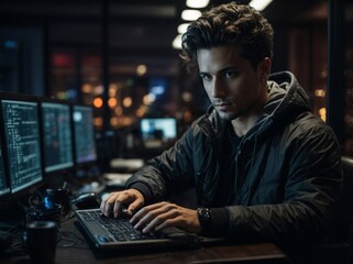 Man Sitting at Desk Using Laptop Computer for Work, Study, or Entertainment. Generative AI.
