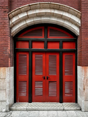 Typical colonial or heritage louvered door panel with some ventilation and arch for one colonial building in Hong Kong.